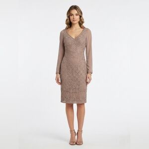NEW Sue Wong Taupe Long Sleeve Cocktail Dress with Soutache Detail Size 4/6